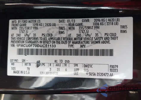 2013 Ford Escape S z USA, uszkodzony, nr VIN 1FMCU0F70DUC51133